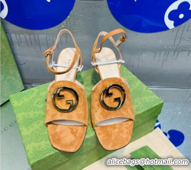 Low Cost Gucci Blondie Suede Heeled Sandals with Interlocking G 7.5cm Light Brown 013014