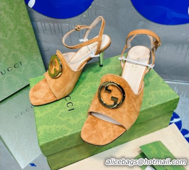 Low Cost Gucci Blondie Suede Heeled Sandals with Interlocking G 7.5cm Light Brown 013014