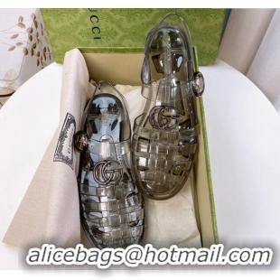 Good Product Gucci Transparent Rubber PVC Strap Flat Sandals Grey 201051