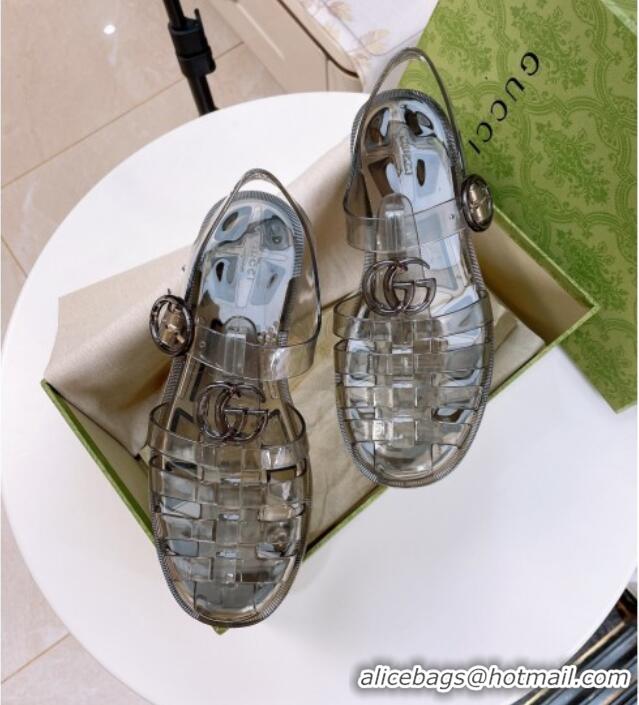 Good Product Gucci Transparent Rubber PVC Strap Flat Sandals Grey 201051