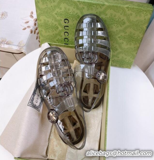 Good Product Gucci Transparent Rubber PVC Strap Flat Sandals Grey 201051