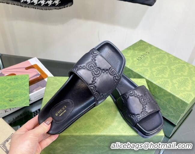 Top Grade Gucci GG Lambskin Flat Slide Sandals Black 020814