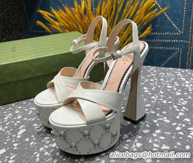 Top Grade Gucci Leather Interlocking G Studs Platform Sandal 15.5cm White 020819