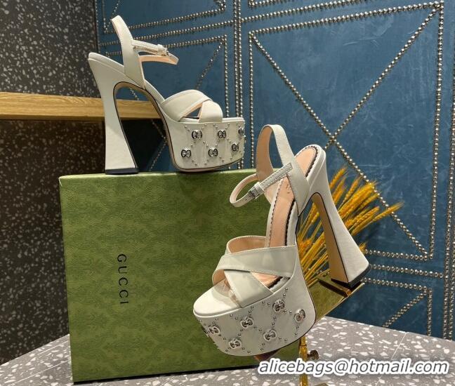 Top Grade Gucci Leather Interlocking G Studs Platform Sandal 15.5cm White 020819