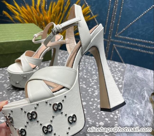 Top Grade Gucci Leather Interlocking G Studs Platform Sandal 15.5cm White 020819