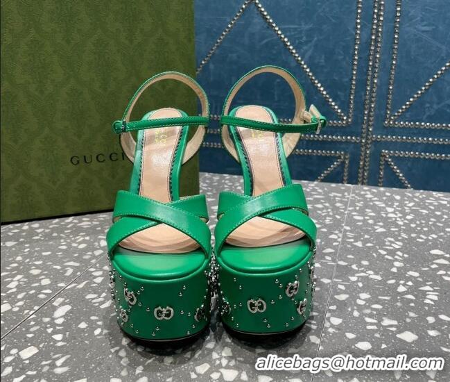 Good Looking Gucci Leather Interlocking G Studs Platform Sandal 15.5cm Green 020820