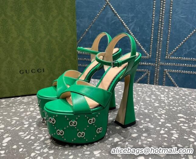 Good Looking Gucci Leather Interlocking G Studs Platform Sandal 15.5cm Green 020820