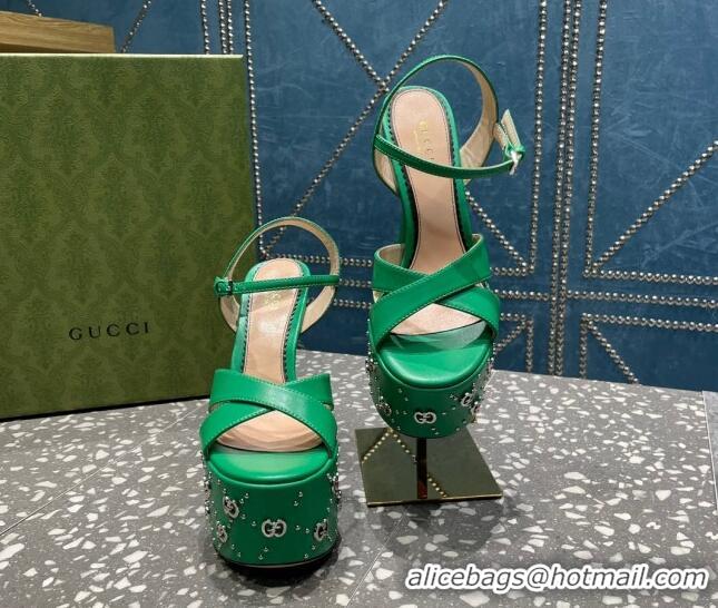 Good Looking Gucci Leather Interlocking G Studs Platform Sandal 15.5cm Green 020820