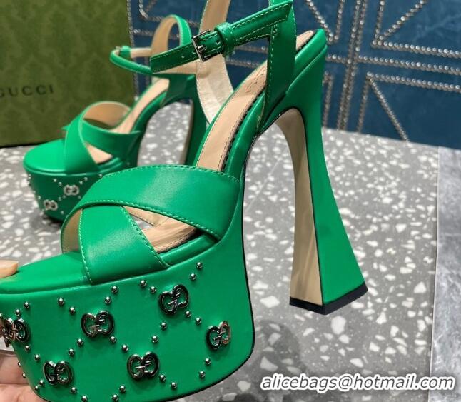 Good Looking Gucci Leather Interlocking G Studs Platform Sandal 15.5cm Green 020820