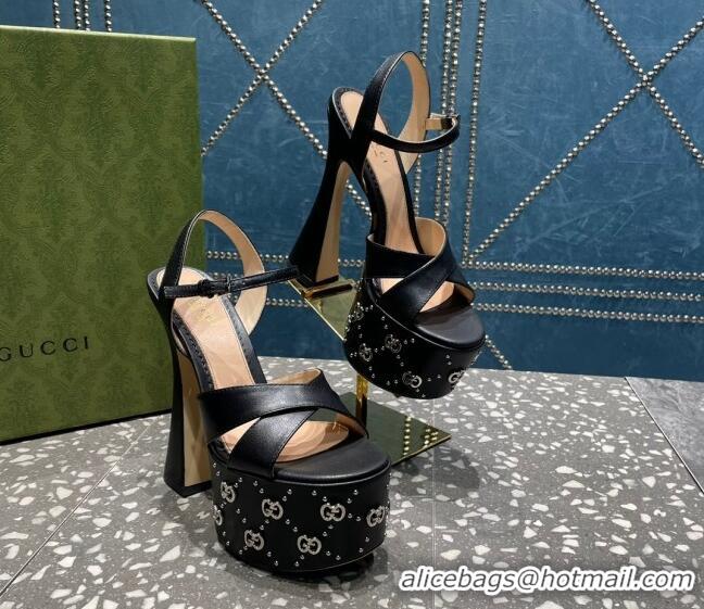 Sumptuous Gucci Leather Interlocking G Studs Platform Sandal 15.5cm Black 020821