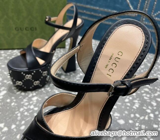 Sumptuous Gucci Leather Interlocking G Studs Platform Sandal 15.5cm Black 020821