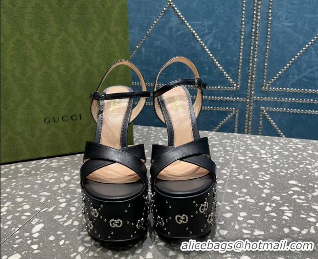 Sumptuous Gucci Leather Interlocking G Studs Platform Sandal 15.5cm Black 020821