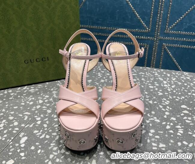 Classic Hot Gucci Leather Interlocking G Studs Platform Sandal 15.5cm Light Pink 020822