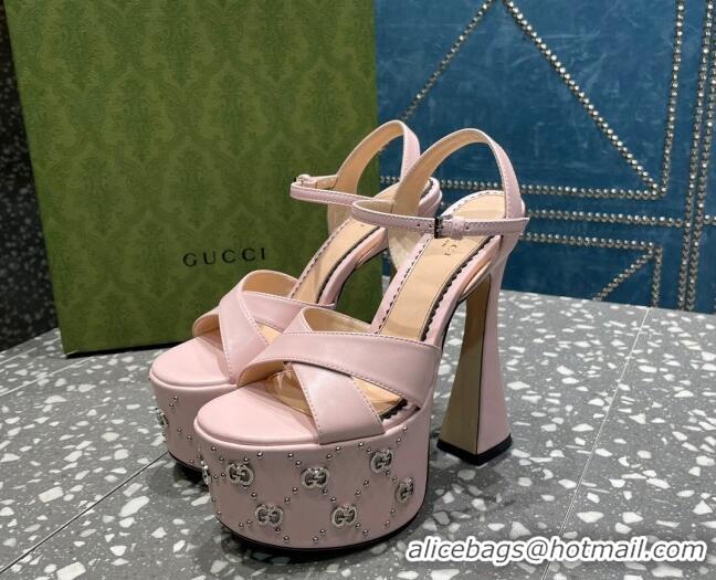 Classic Hot Gucci Leather Interlocking G Studs Platform Sandal 15.5cm Light Pink 020822