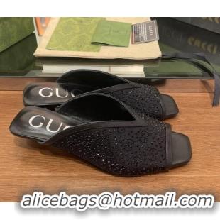 Pretty Style Gucci Fabric Heel Slide Sandals with Crystal GG 3.5cm Black 020833