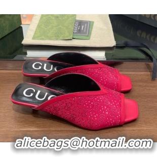 Pretty Style Gucci Fabric Heel Slide Sandals with Crystal GG 3.5cm Dark Pink 020834