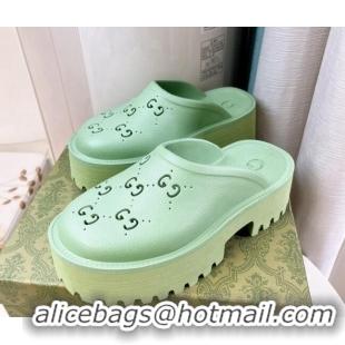 Custom Gucci Perforated GG Rubber Platform Mules 5.5cm Light Green 020851