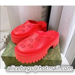 Charming Gucci Perforated GG Rubber Platform Mules 5.5cm Red 020855