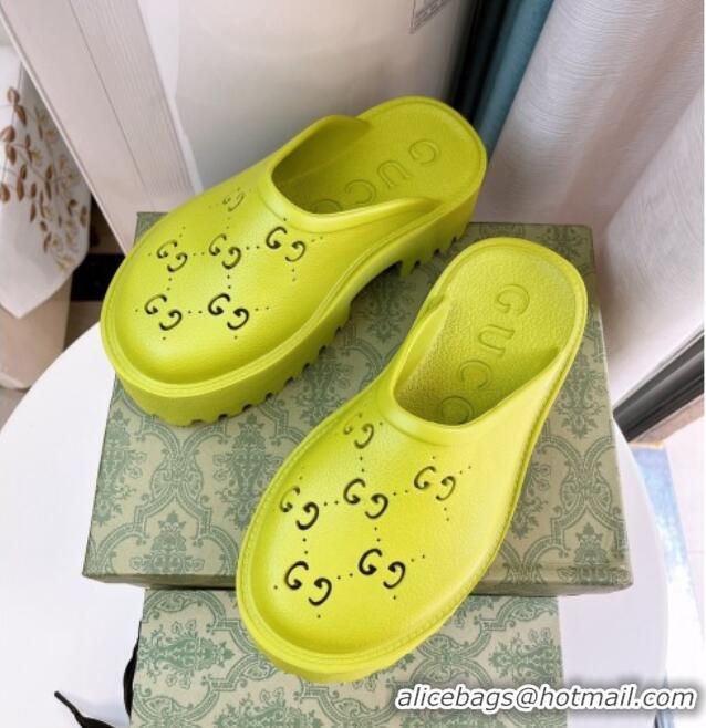 Discount Gucci Perforated GG Rubber Platform Mules 5.5cm Lemon Green 020857