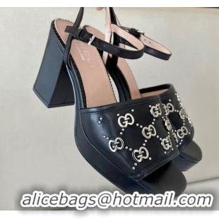 Super Quality Gucci Leather Interlocking G Studs Platform Sandal 8.5cm Black 020858