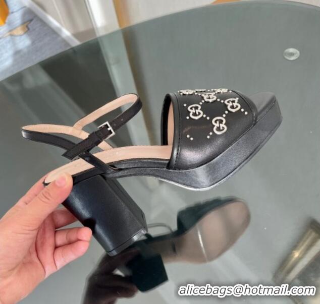 Super Quality Gucci Leather Interlocking G Studs Platform Sandal 8.5cm Black 020858