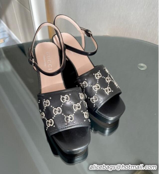 Super Quality Gucci Leather Interlocking G Studs Platform Sandal 8.5cm Black 020858