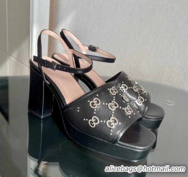 Super Quality Gucci Leather Interlocking G Studs Platform Sandal 8.5cm Black 020858