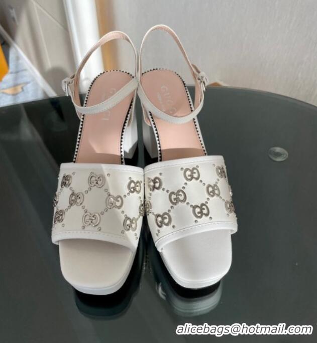 New Style Gucci Leather Interlocking G Studs Platform Sandal 8.5cm White 020859