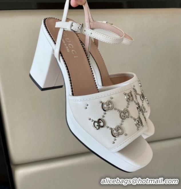 New Style Gucci Leather Interlocking G Studs Platform Sandal 8.5cm White 020859