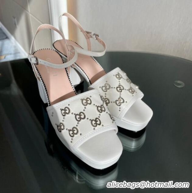 New Style Gucci Leather Interlocking G Studs Platform Sandal 8.5cm White 020859