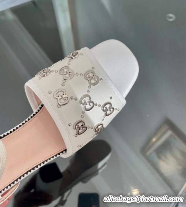 New Style Gucci Leather Interlocking G Studs Platform Sandal 8.5cm White 020859