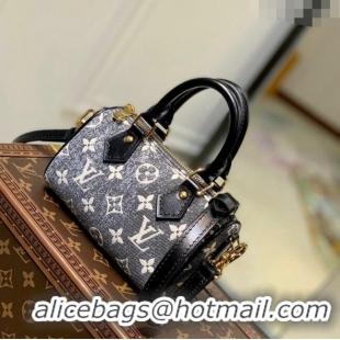 Free Shipping Louis Vuitton Nano Speedy Mini Bag in Grey Washed Denim Textile Jacquard M82242 2022