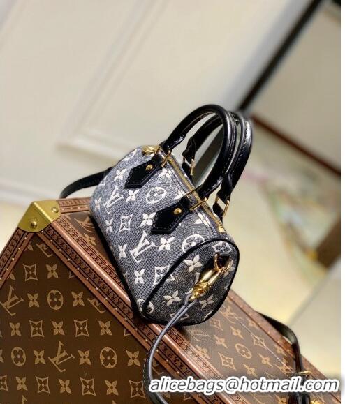 Free Shipping Louis Vuitton Nano Speedy Mini Bag in Grey Washed Denim Textile Jacquard M82242 2022