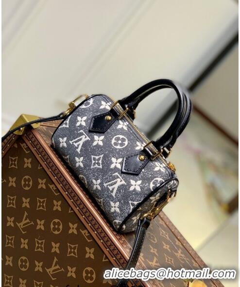 Free Shipping Louis Vuitton Nano Speedy Mini Bag in Grey Washed Denim Textile Jacquard M82242 2022