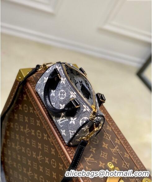 Free Shipping Louis Vuitton Nano Speedy Mini Bag in Grey Washed Denim Textile Jacquard M82242 2022