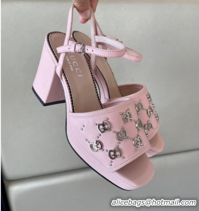 Sophisticated Gucci Leather Interlocking G Studs Platform Sandal 8.5cm Light Pink 020860