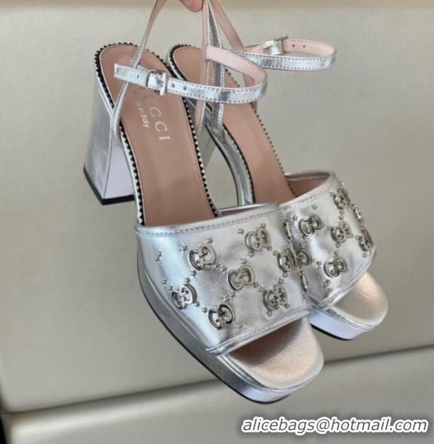 Grade Quality Gucci Leather Interlocking G Studs Platform Sandal 8.5cm Silver 020862