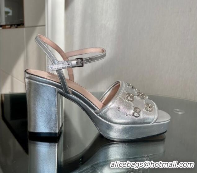 Grade Quality Gucci Leather Interlocking G Studs Platform Sandal 8.5cm Silver 020862