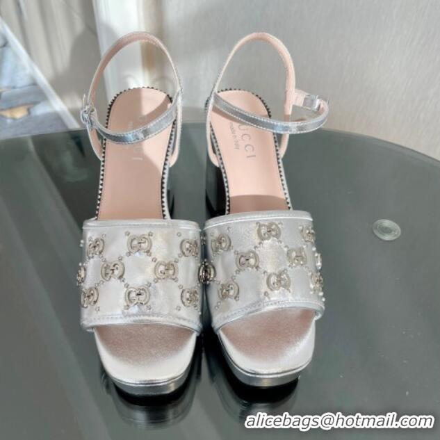 Grade Quality Gucci Leather Interlocking G Studs Platform Sandal 8.5cm Silver 020862