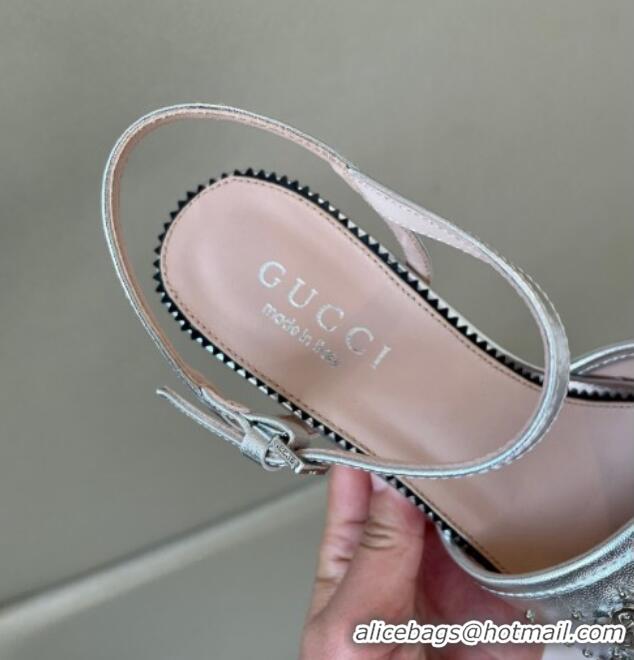 Grade Quality Gucci Leather Interlocking G Studs Platform Sandal 8.5cm Silver 020862