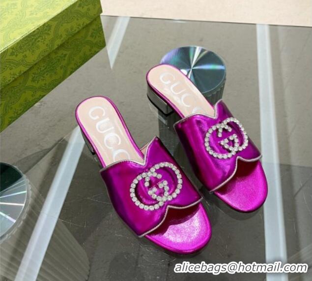 Unique Style Gucci Metallic Leather Heel Slide Sandals 2cm with Crystal Interlocking G Purple 0209100