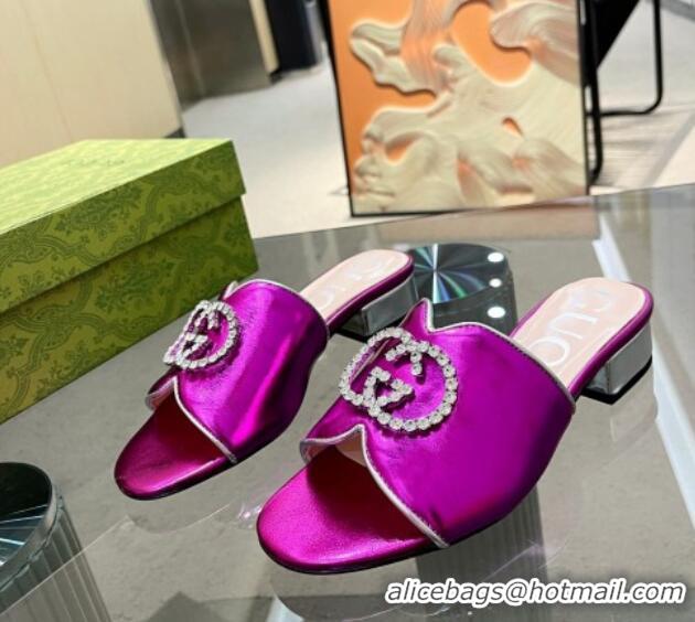 Unique Style Gucci Metallic Leather Heel Slide Sandals 2cm with Crystal Interlocking G Purple 0209100