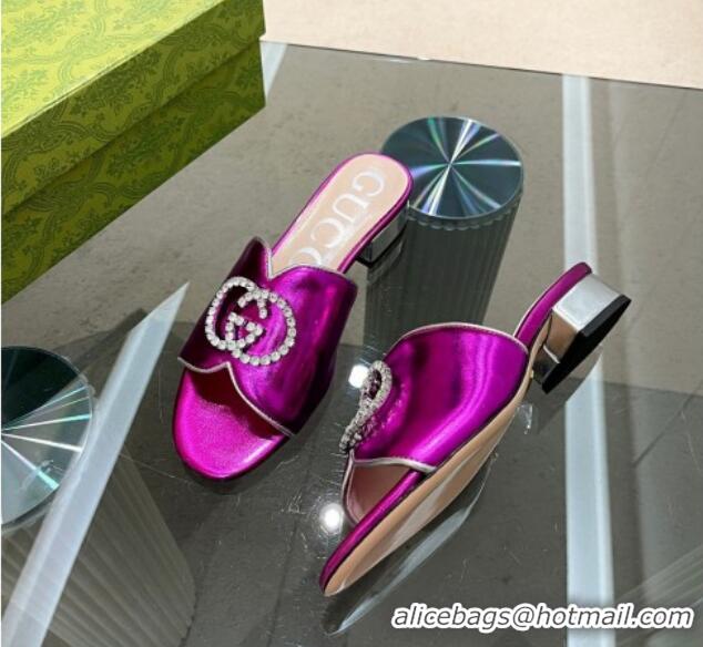 Unique Style Gucci Metallic Leather Heel Slide Sandals 2cm with Crystal Interlocking G Purple 0209100