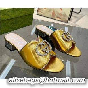 Best Grade Gucci Metallic Leather Heel Slide Sandals 2cm with Crystal Interlocking G Gold 209101