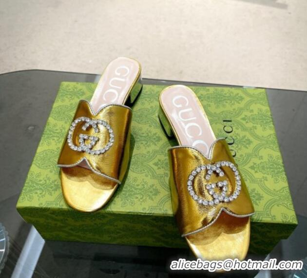 Best Grade Gucci Metallic Leather Heel Slide Sandals 2cm with Crystal Interlocking G Gold 209101