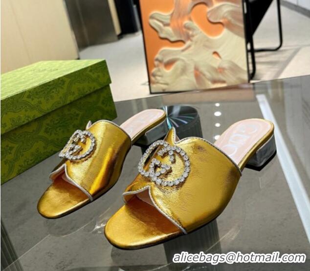 Best Grade Gucci Metallic Leather Heel Slide Sandals 2cm with Crystal Interlocking G Gold 209101