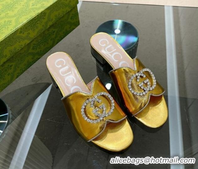 Best Grade Gucci Metallic Leather Heel Slide Sandals 2cm with Crystal Interlocking G Gold 209101