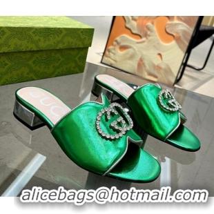 Low Price Gucci Metallic Leather Heel Slide Sandals 2cm with Crystal Interlocking G Green 0209102