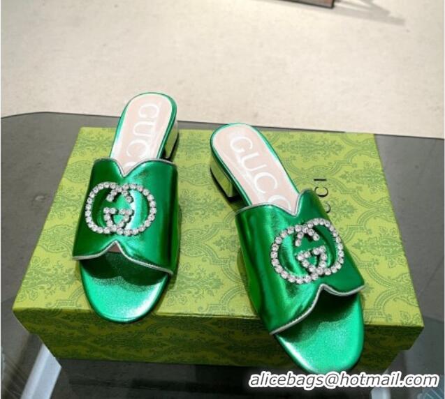 Low Price Gucci Metallic Leather Heel Slide Sandals 2cm with Crystal Interlocking G Green 0209102