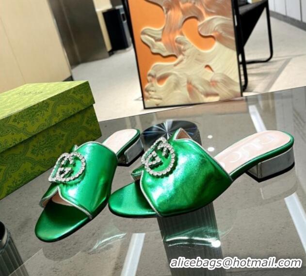 Low Price Gucci Metallic Leather Heel Slide Sandals 2cm with Crystal Interlocking G Green 0209102